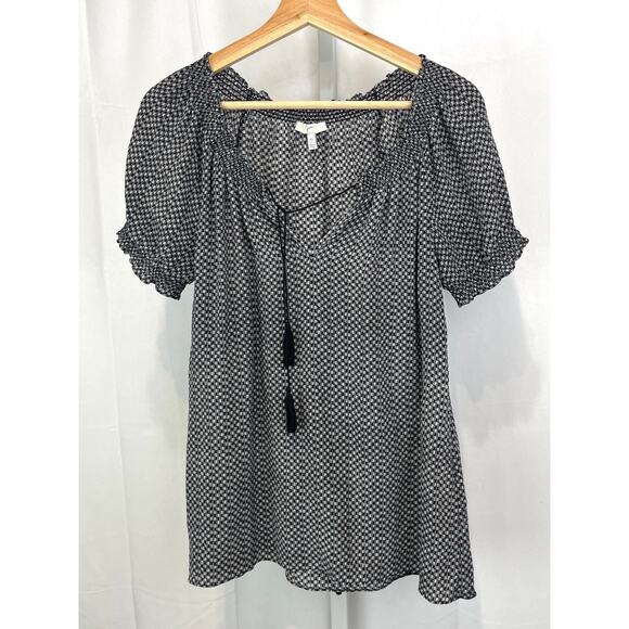 JOIE Silk Check Tie Neck Top Short Sleeve Smocked Blouse Black White Size XS - Picture 11 of 11